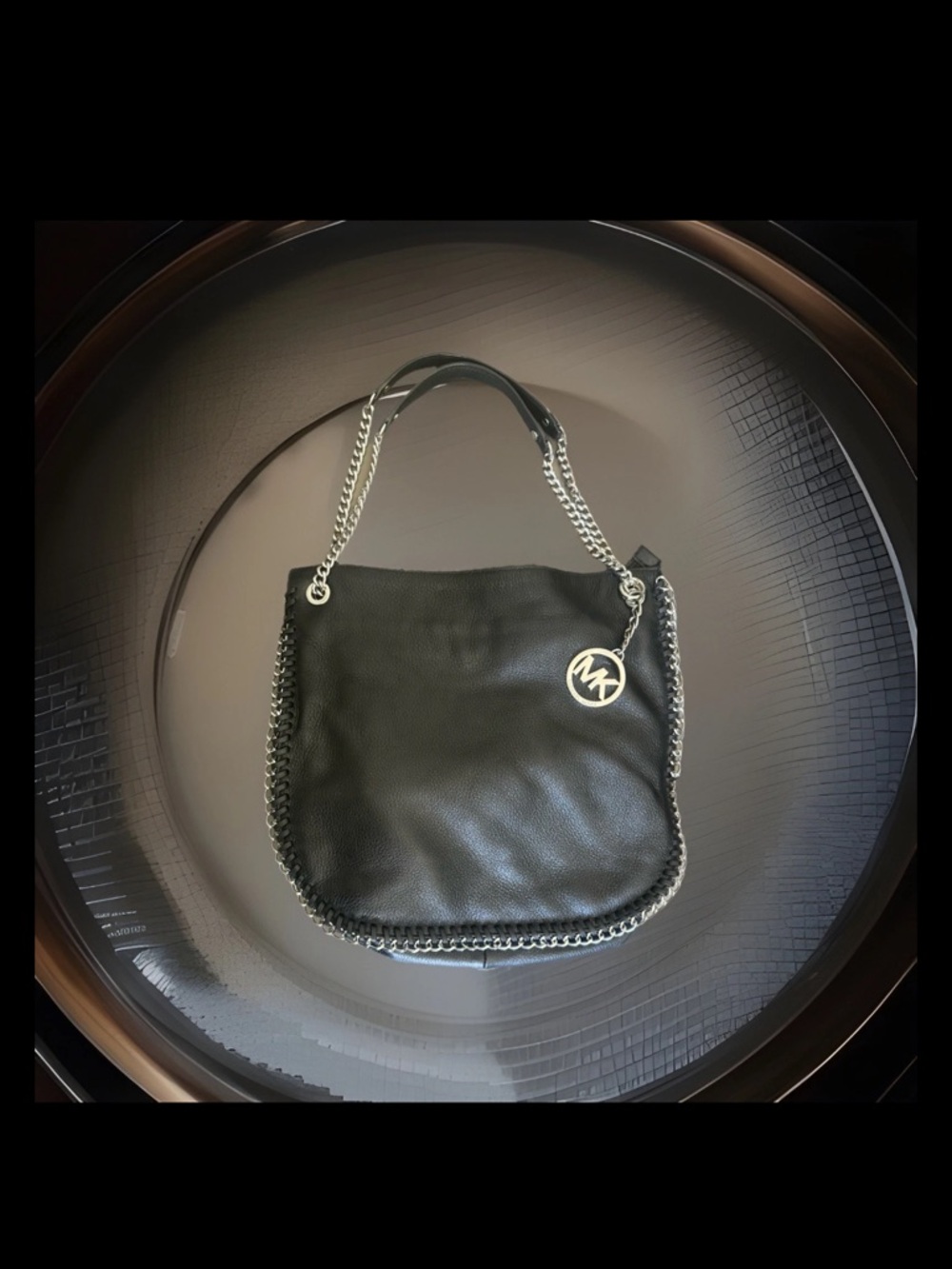 Michael Kors Black Leather Shoulder Bag with Silver Chain Trim